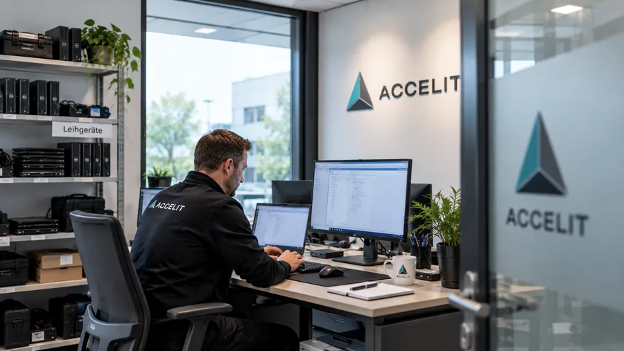 Illustrative image (AI): Accelit colleague at a desk in his own office, next to a shelf of loan devices
