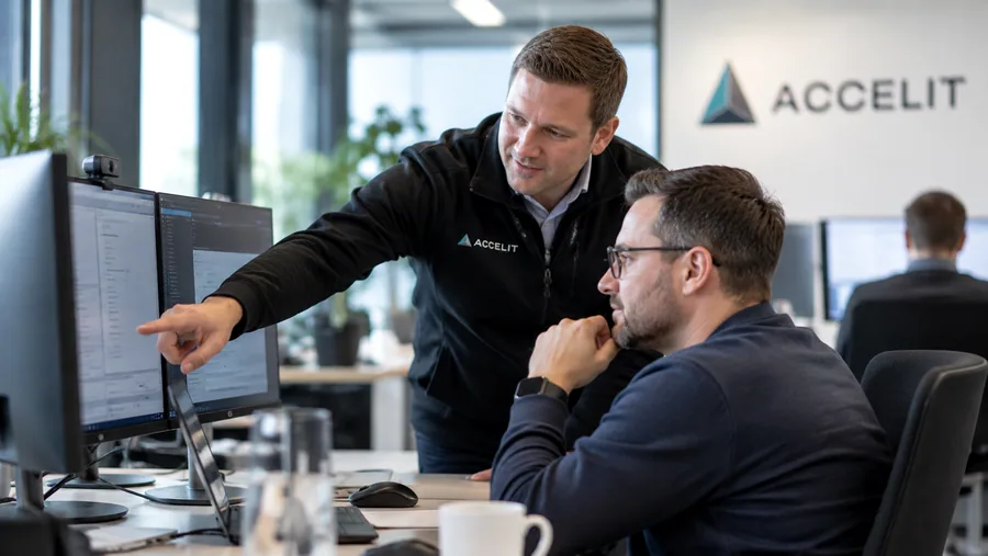 Illustrative image (AI): Accelit colleague explaining something on screen to a user