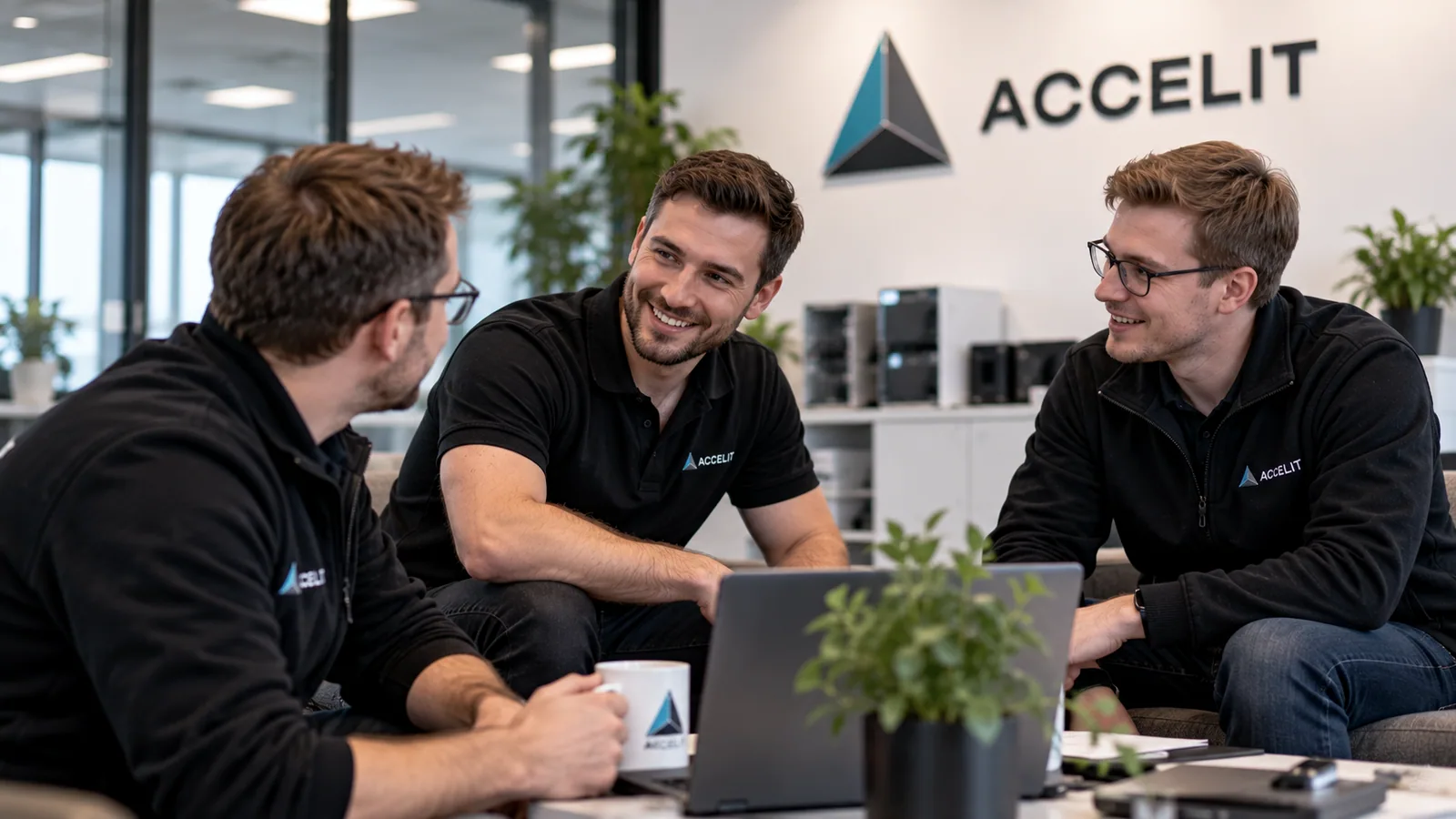 Illustrative image (AI): three Accelit colleagues in conversation