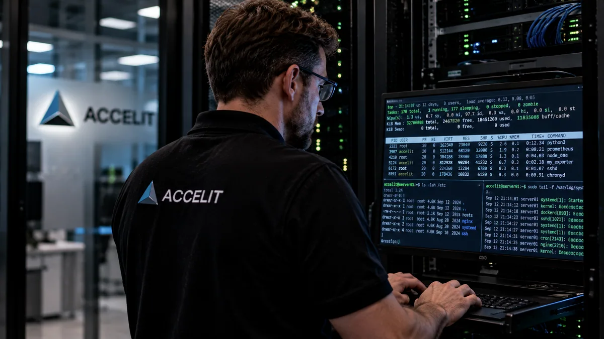 Illustrative image (AI): Accelit colleague at a server console in the data centre