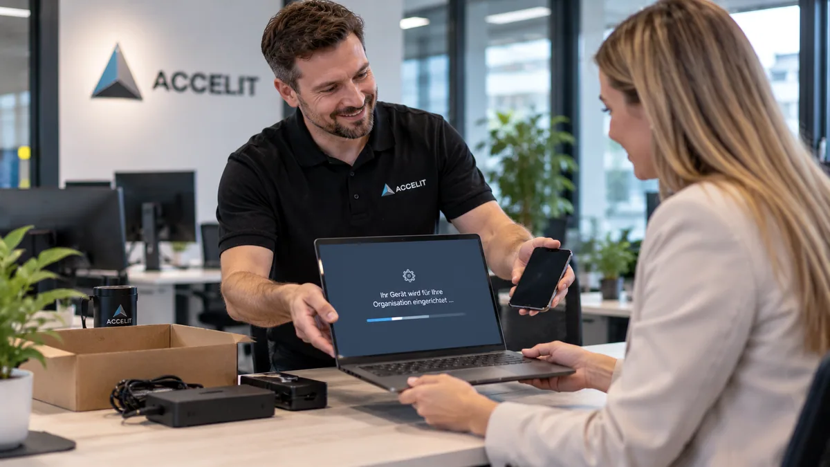 Illustrative image (AI): Accelit colleague handing over a newly set-up laptop and smartphone