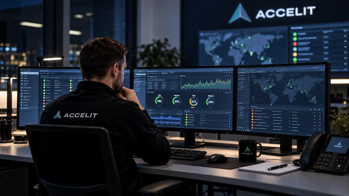 Illustrative image (AI): Accelit colleague at a monitoring desk with several screens