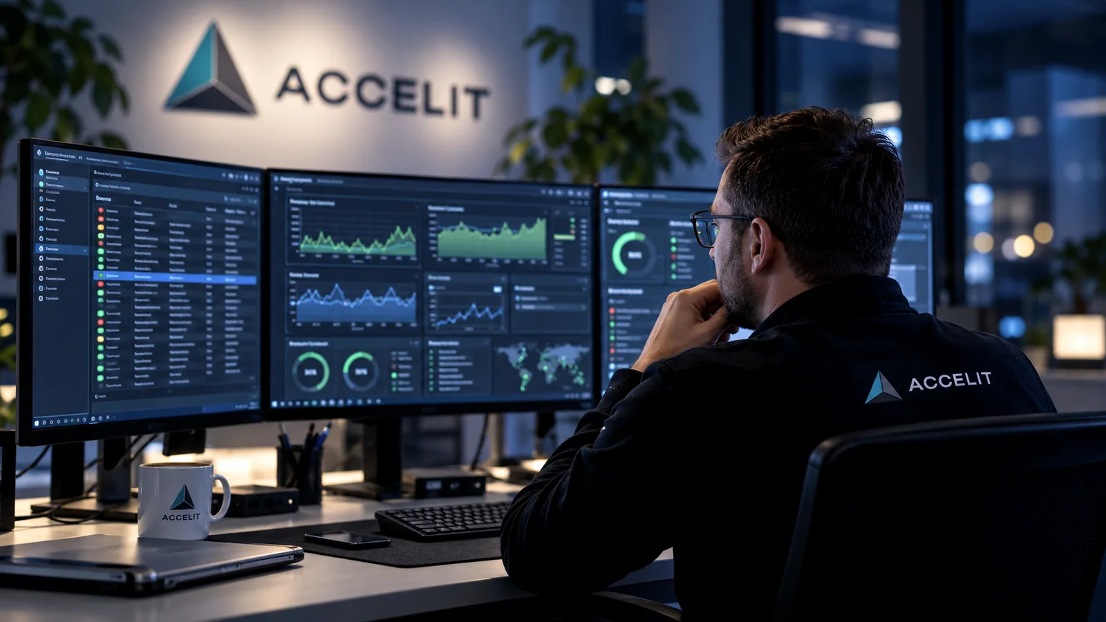 Illustrative image (AI): Accelit colleague watching dashboards at night