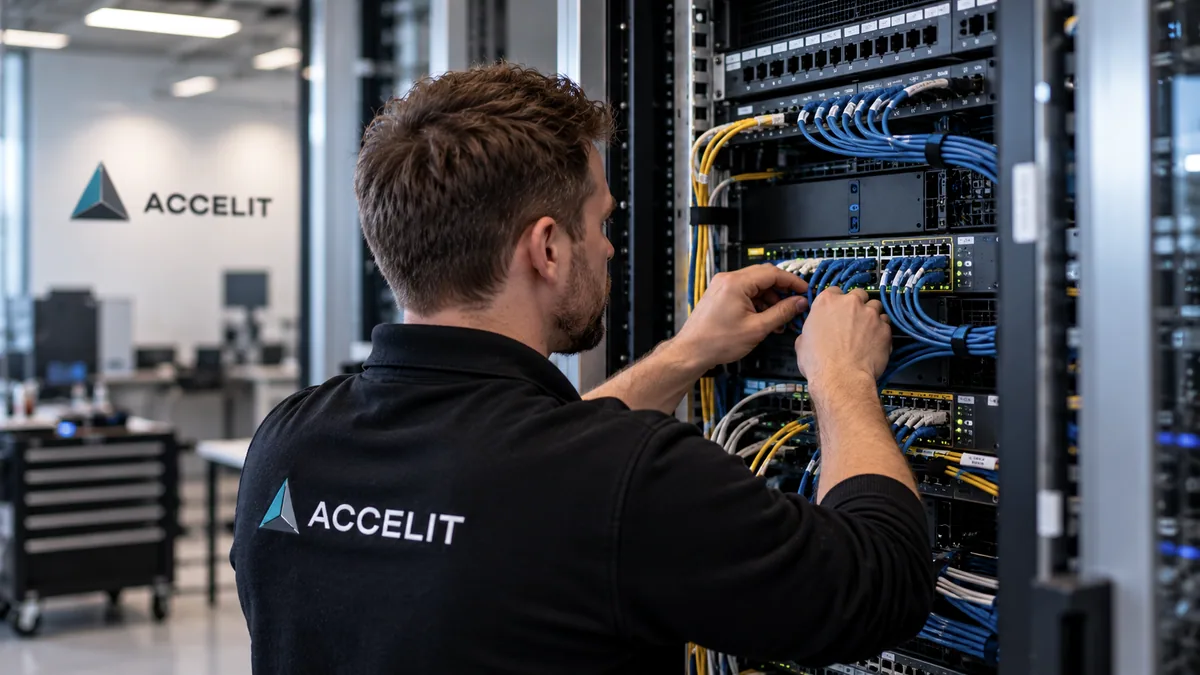 Illustrative image (AI): Accelit colleague cabling a network cabinet