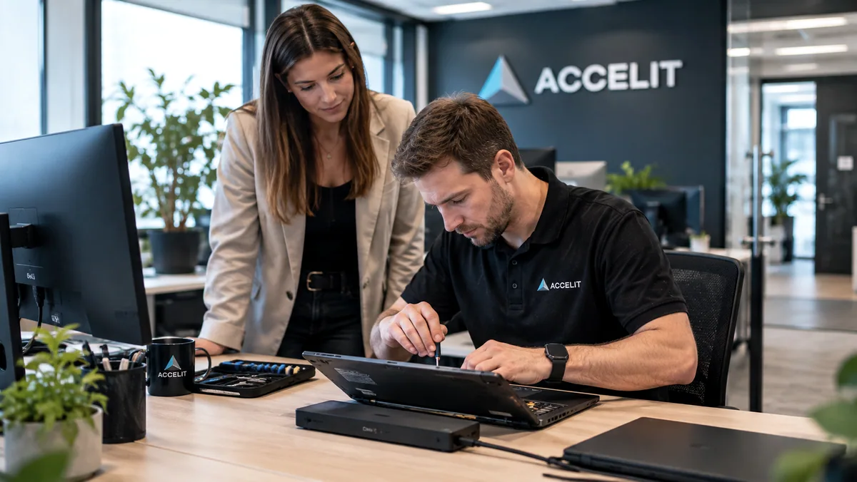Illustrative image (AI): Accelit colleague repairing a laptop at a user’s desk