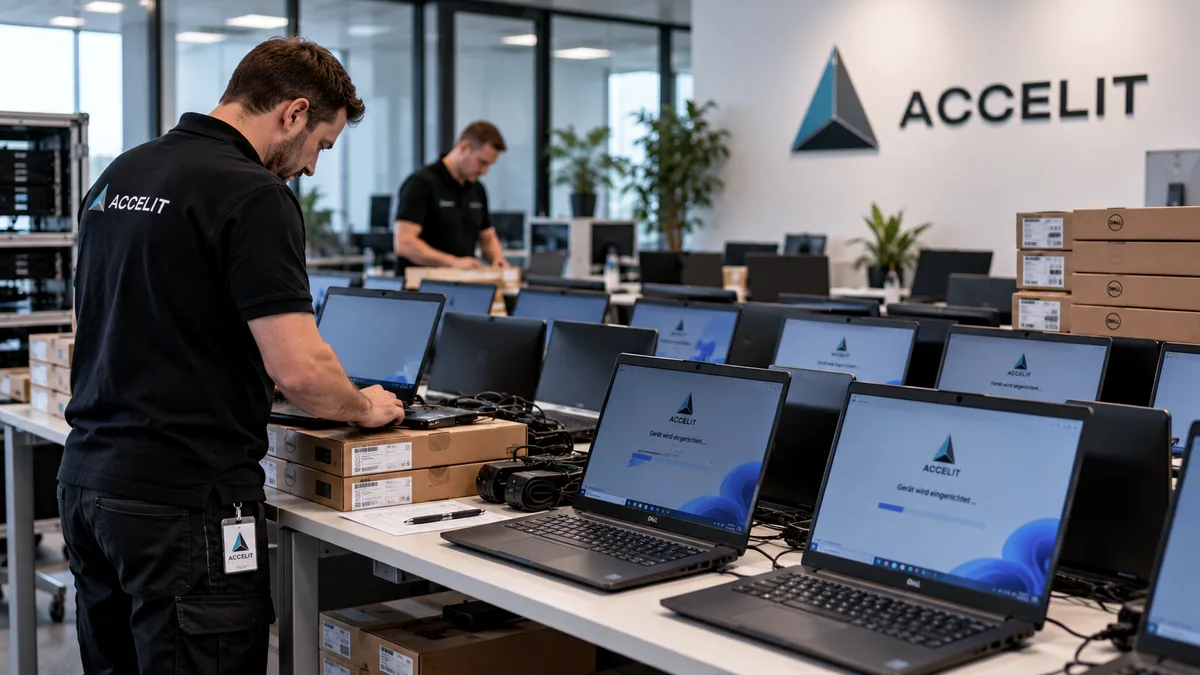 Illustrative image (AI): Accelit colleagues setting up many laptops at once