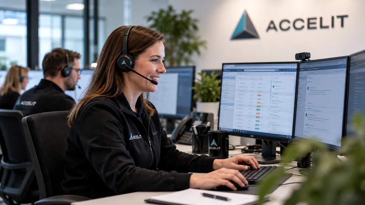 Illustrative image (AI): Accelit colleague with headset at the service desk