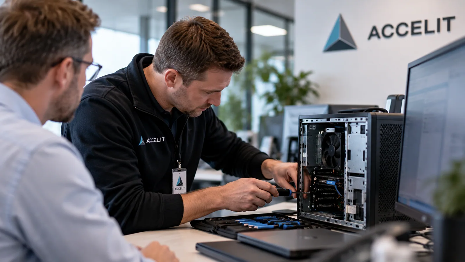 Illustrative image (AI): Accelit colleague repairing a computer while the user looks on