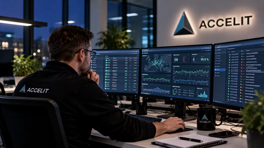 Illustrative image (AI): Accelit colleague monitoring systems on several screens in the evening