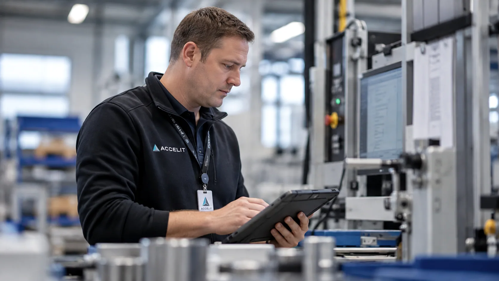 Illustrative image (AI): Accelit colleague with site pass and tablet at a production line